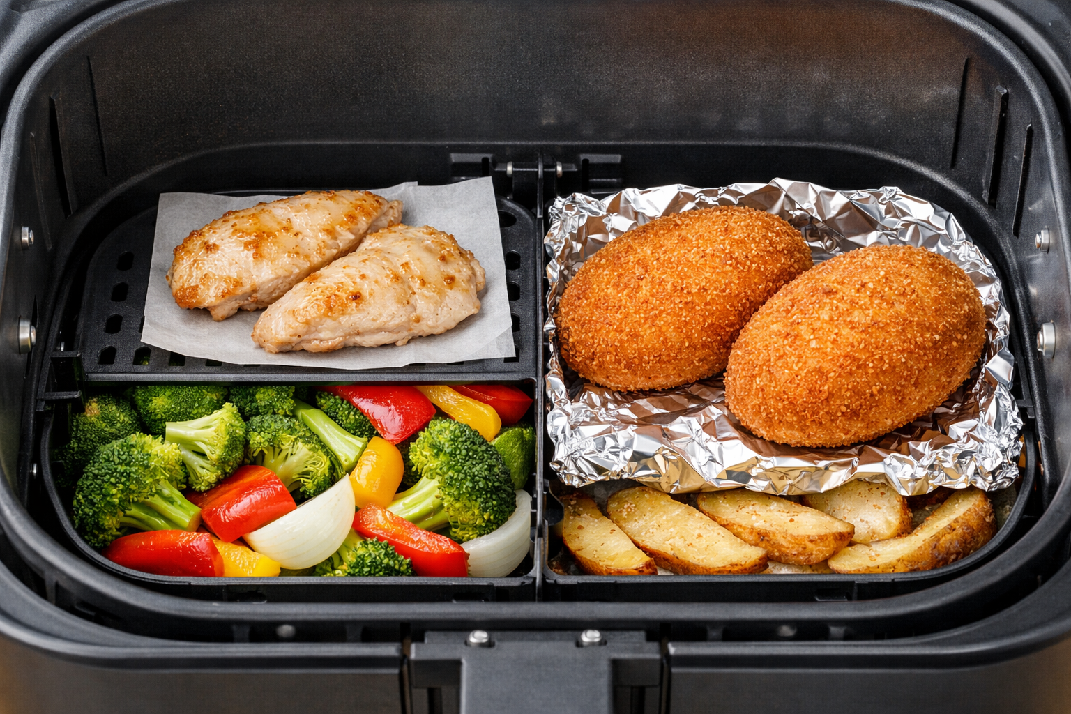 ノンフライヤーのバスケット内に食材を並べる正しい方法の図解