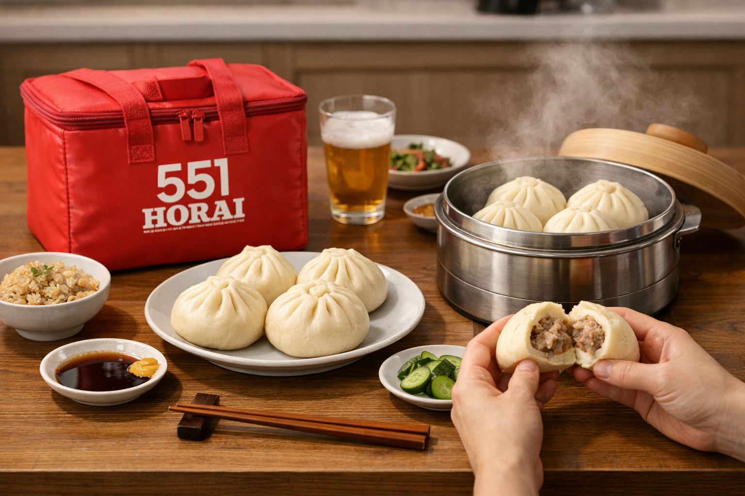 551蓬莱(ゴーゴーイチ)の豚まんを自宅で蒸し直して楽しむ食卓