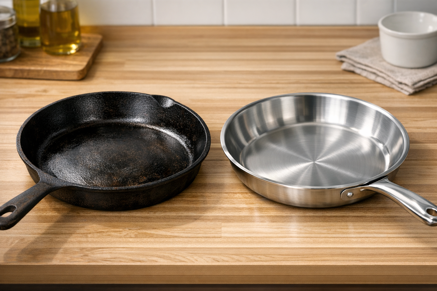 使い込まれて黒光りする鉄のフライパンと、銀色に輝くステンレスのフライパンが並んでいる様子