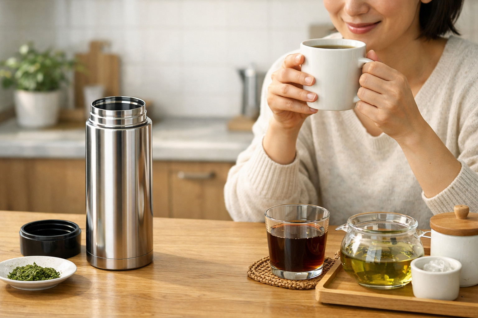 ピカピカになった水筒で美味しい飲み物を楽しむシーン