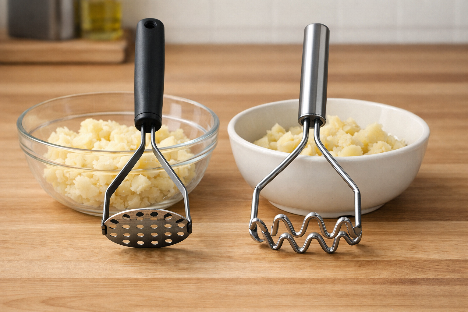 100均のシンプルなマッシャーと、無印良品の波型ステンレスマッシャーを比較しているようなイメージ写真