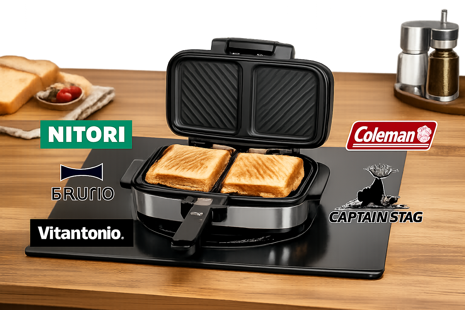 IH対応のホットサンドメーカーと各ブランドの製品ロゴイメージ