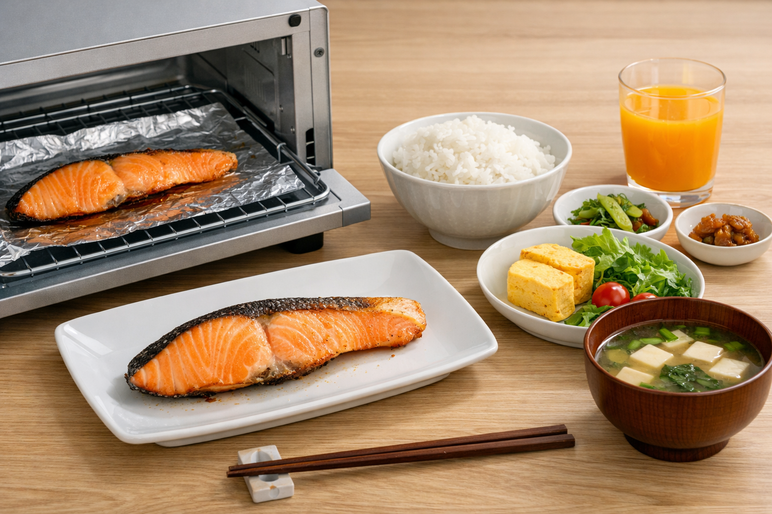 トースターで調理した鮭の切り身と朝食のセット