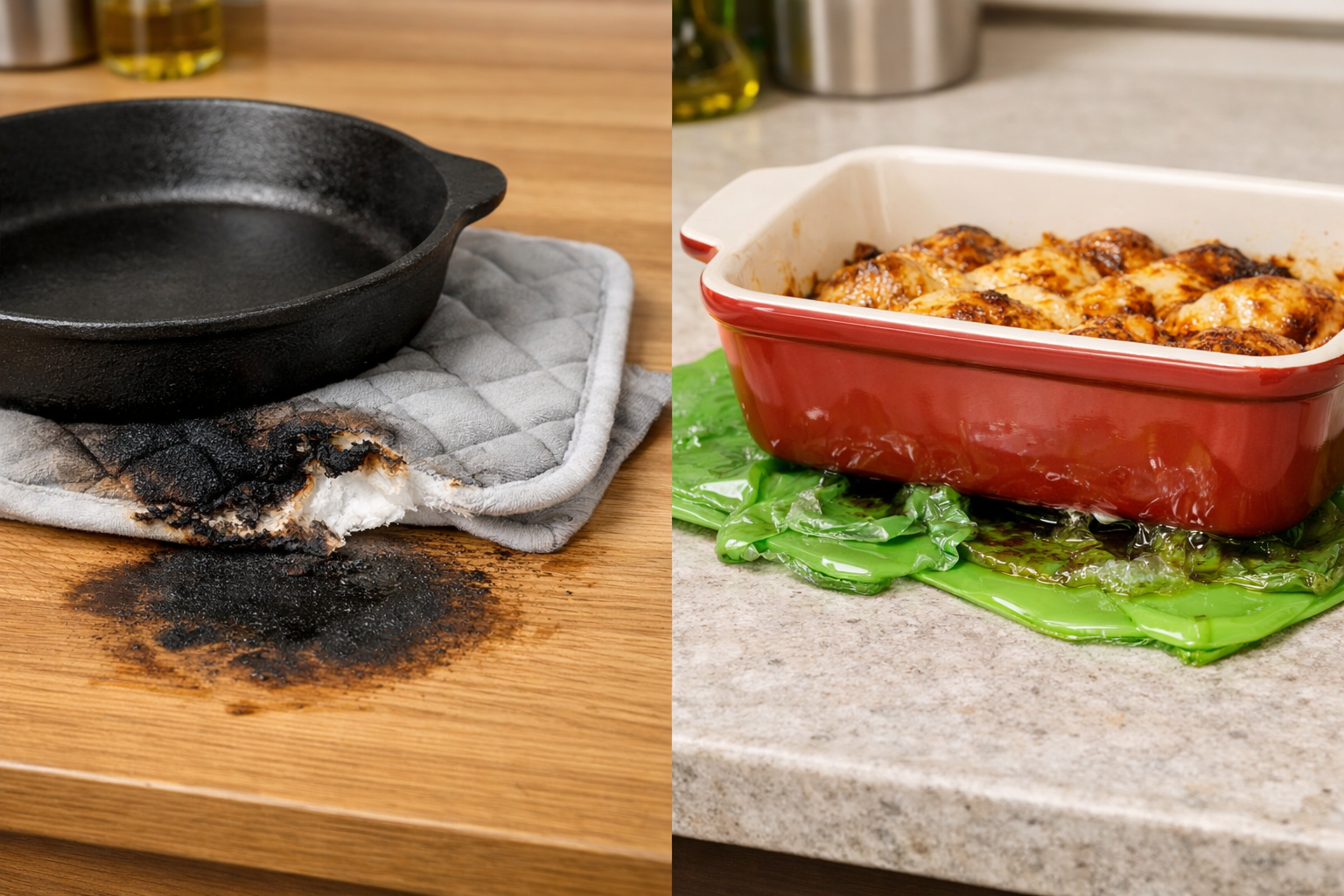 焦げ跡がついたテーブルや溶けたプラスチックなど、失敗例の注意喚起図解