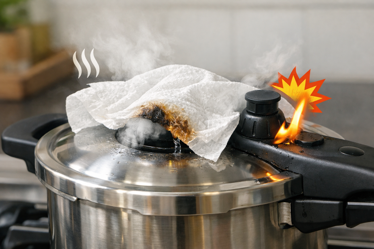 圧力鍋の蒸気口付近にキッチンペーパーを置く危険性を示した模式図