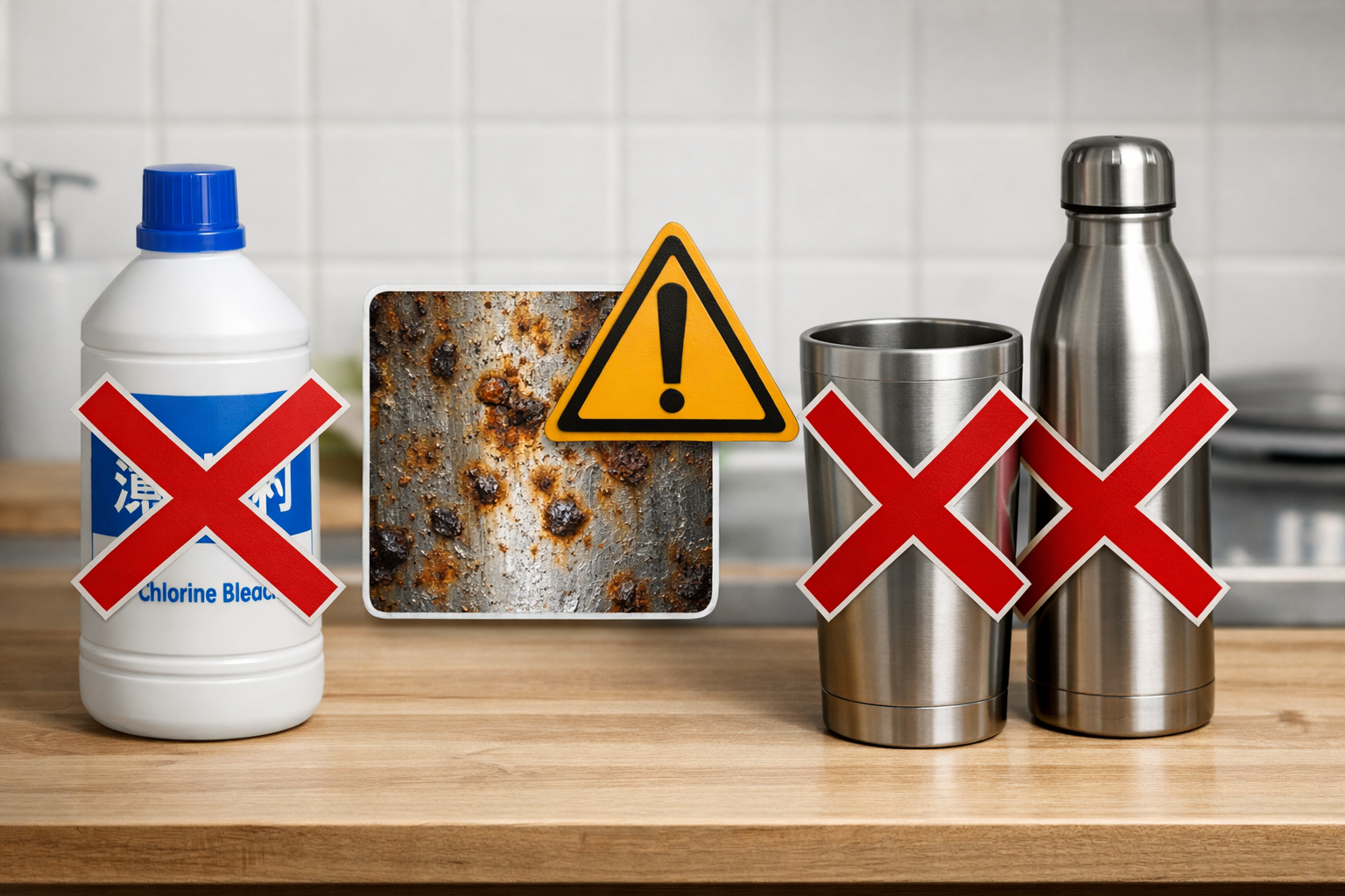 塩素系漂白剤とステンレス製品にバツ印がつけられ、サビの原因になることを示す警告の図