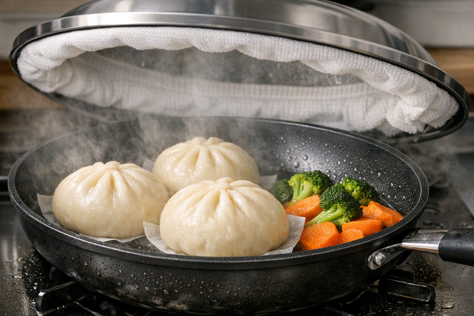 フライパンの中で肉まんや野菜がふっくらと蒸し上がっている様子。蓋の内側には水滴対策として清潔な布巾が巻かれている