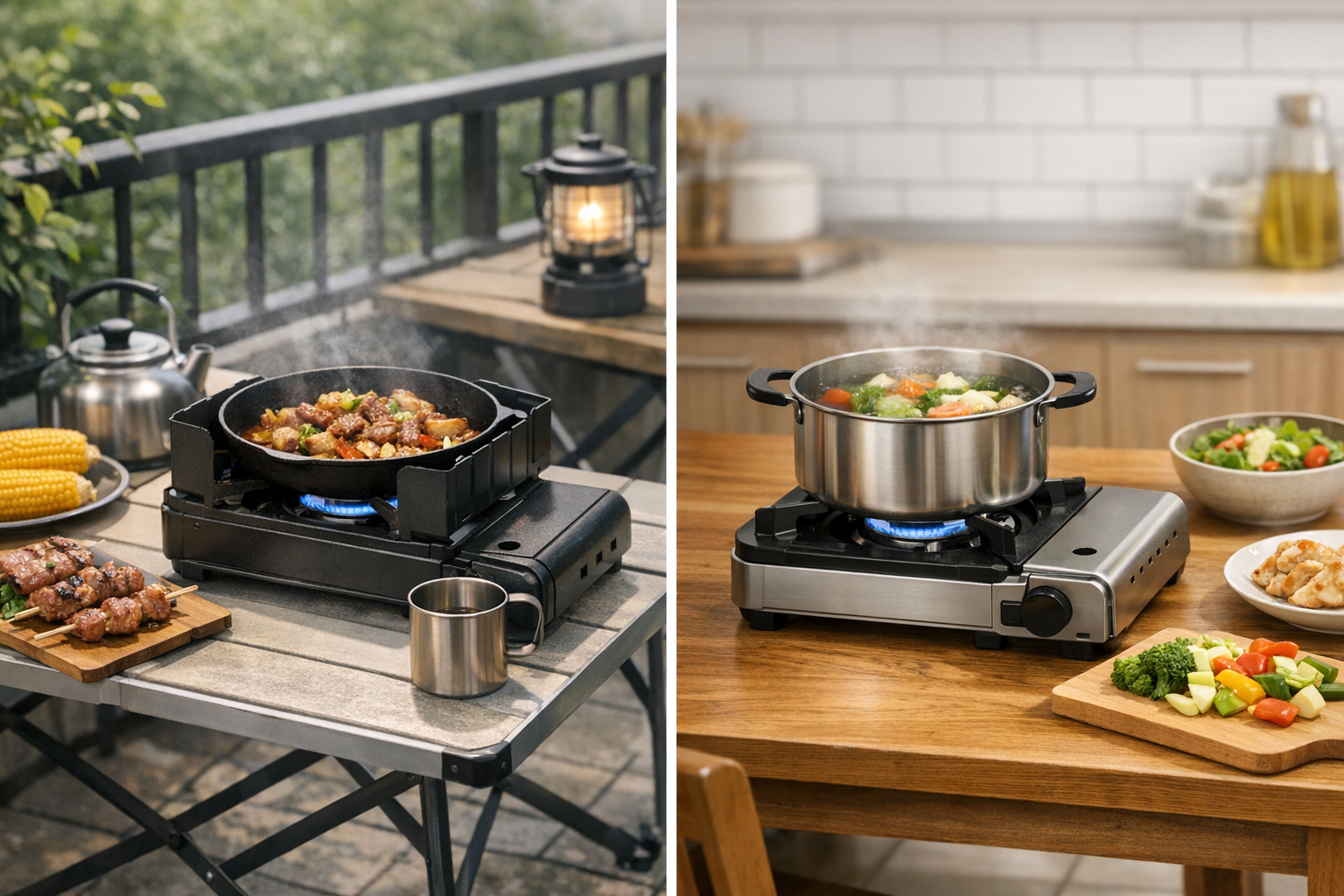使用シーン：ベランダやお庭でのアウトドア調理と、室内の食卓での調理シーンの比較