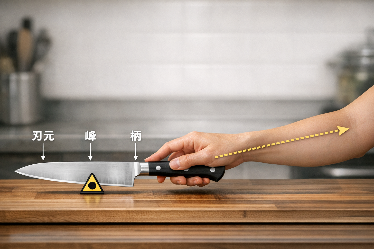包丁の部位（刃元、峰、柄）と、手首から肘にかけての直線のラインを示す重心バランスの図解
