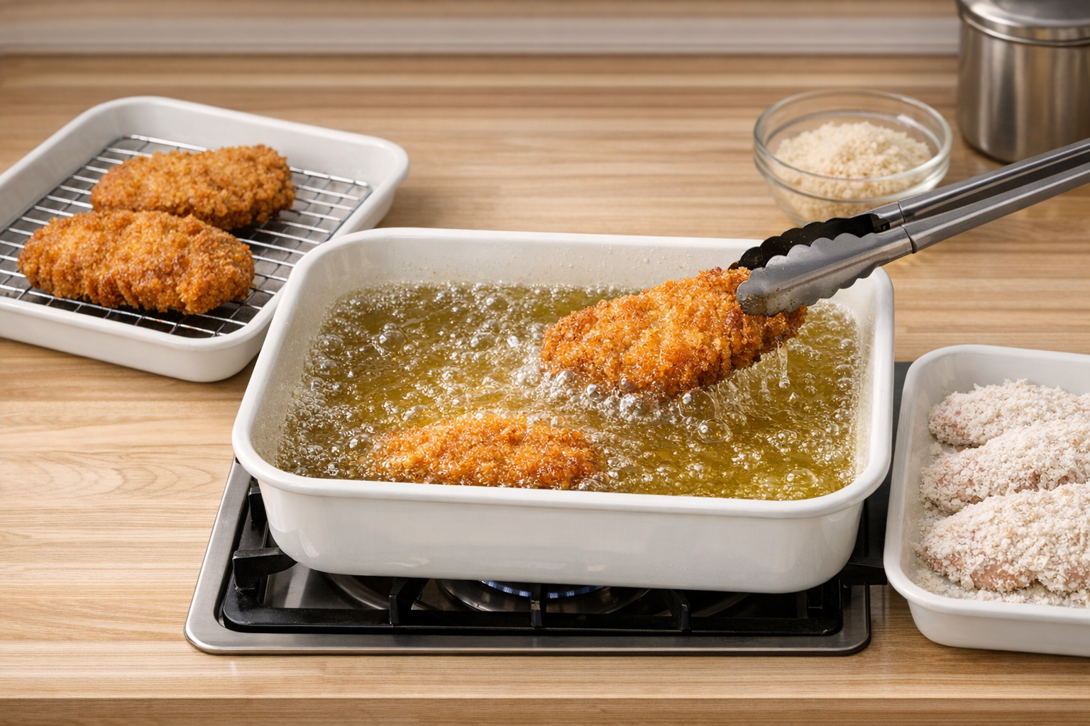 野田琺瑯のバットを使った揚げ物調理の様子