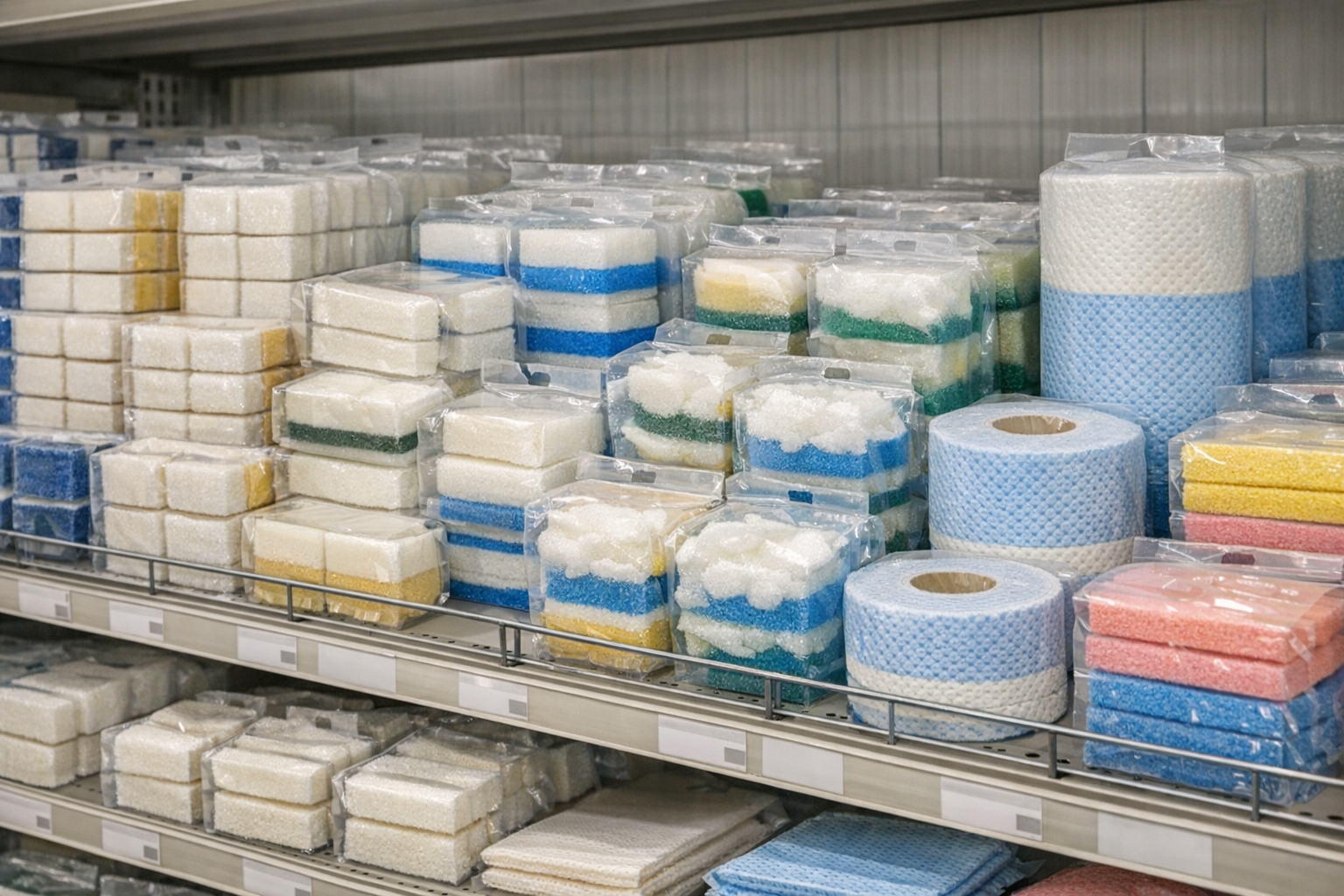 ダイソーで販売されている様々な種類の使い捨てスポンジの陳列