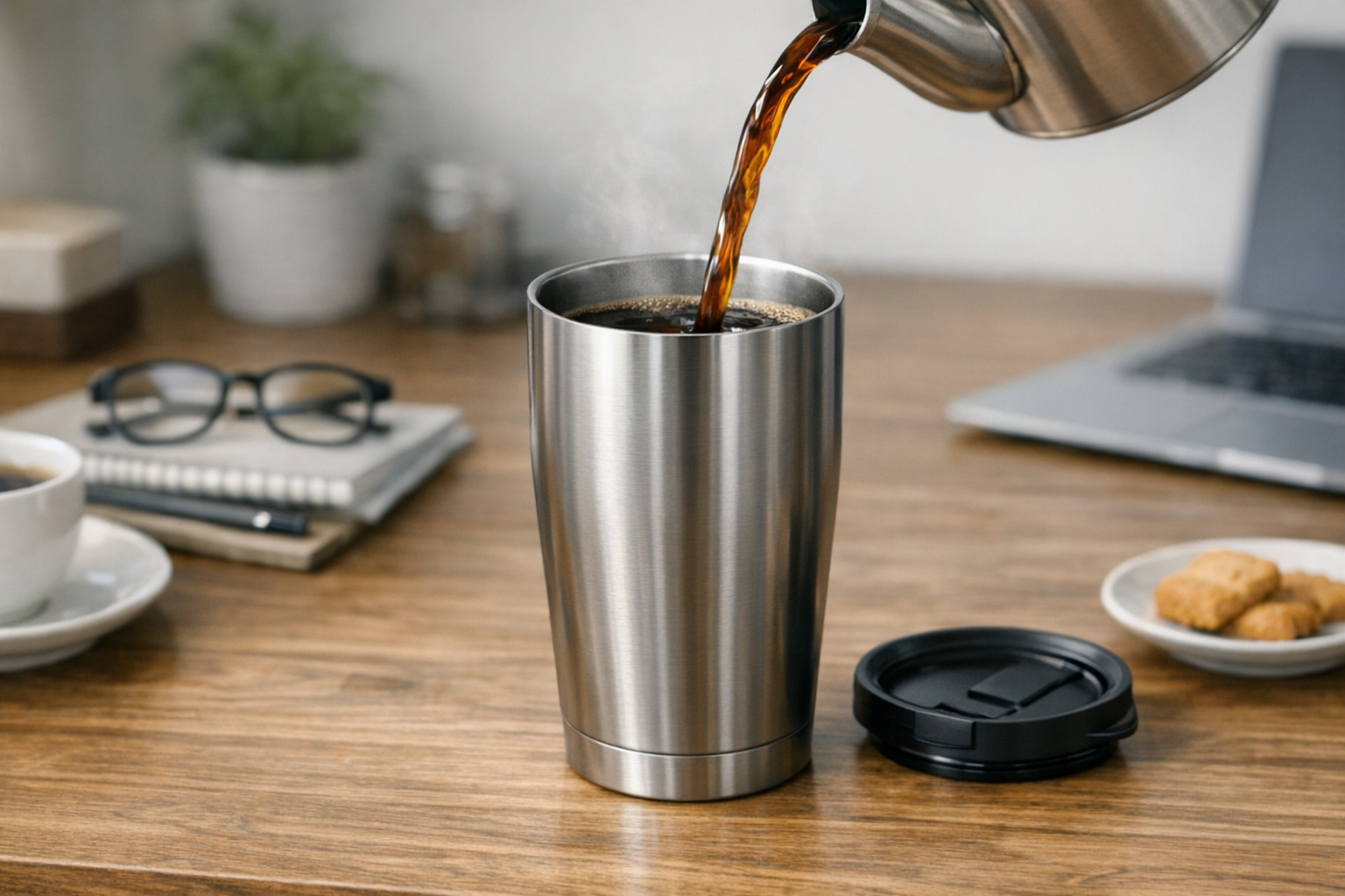 デスクの上に置かれたスタイリッシュなステンレス製のタンブラーと、温かいコーヒーが注がれている様子