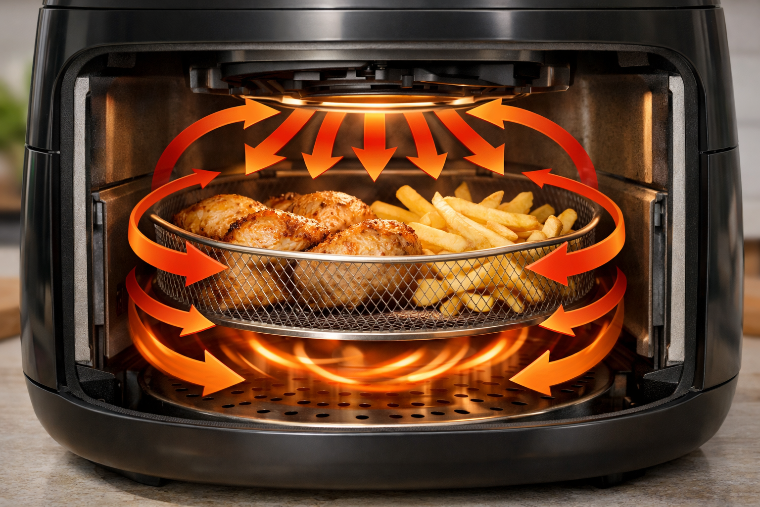 ノンフライヤーの庫内で熱風が循環している仕組みを図解したイラスト