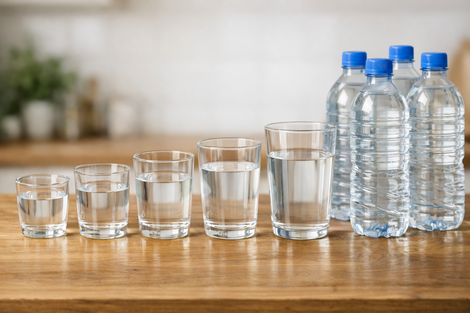 1日の水分補給をイメージした、ペットボトルの水と複数並んだコップの写真