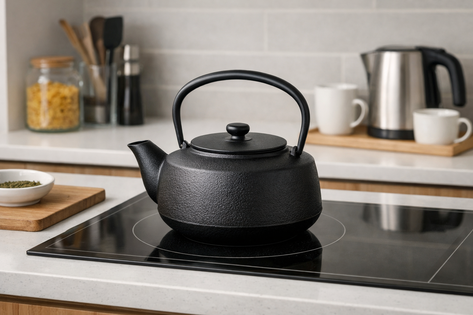 現代的なキッチンに馴染むモダンなデザインの鉄瓶