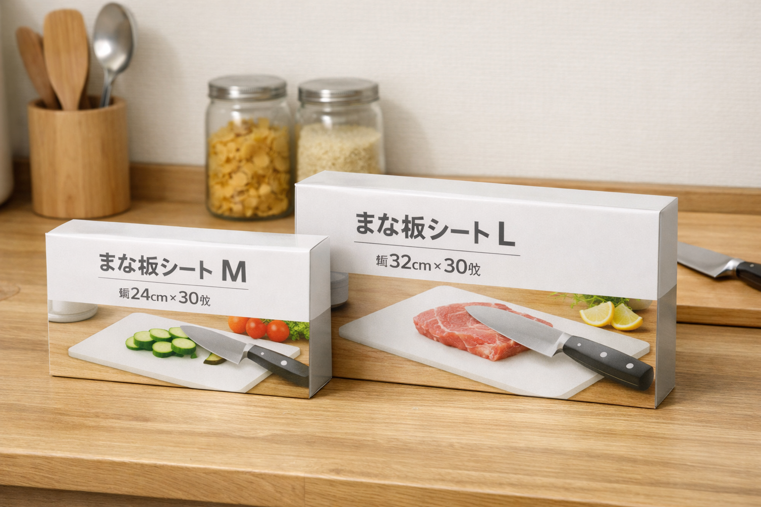 ニトリのまな板シート。キッチンに馴染むシンプルなデザインのパッケージで、MサイズやLサイズなどまな板に合わせて選べる様子