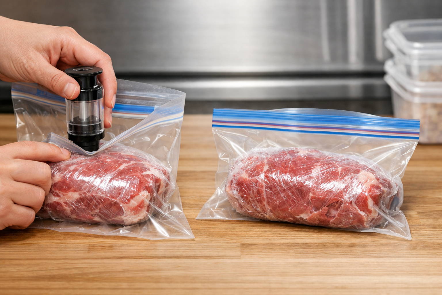 肉にぴったりとラップを巻き、さらにジッパー付き保存袋に入れて空気を抜いている、正しい冷凍パッキングの手順