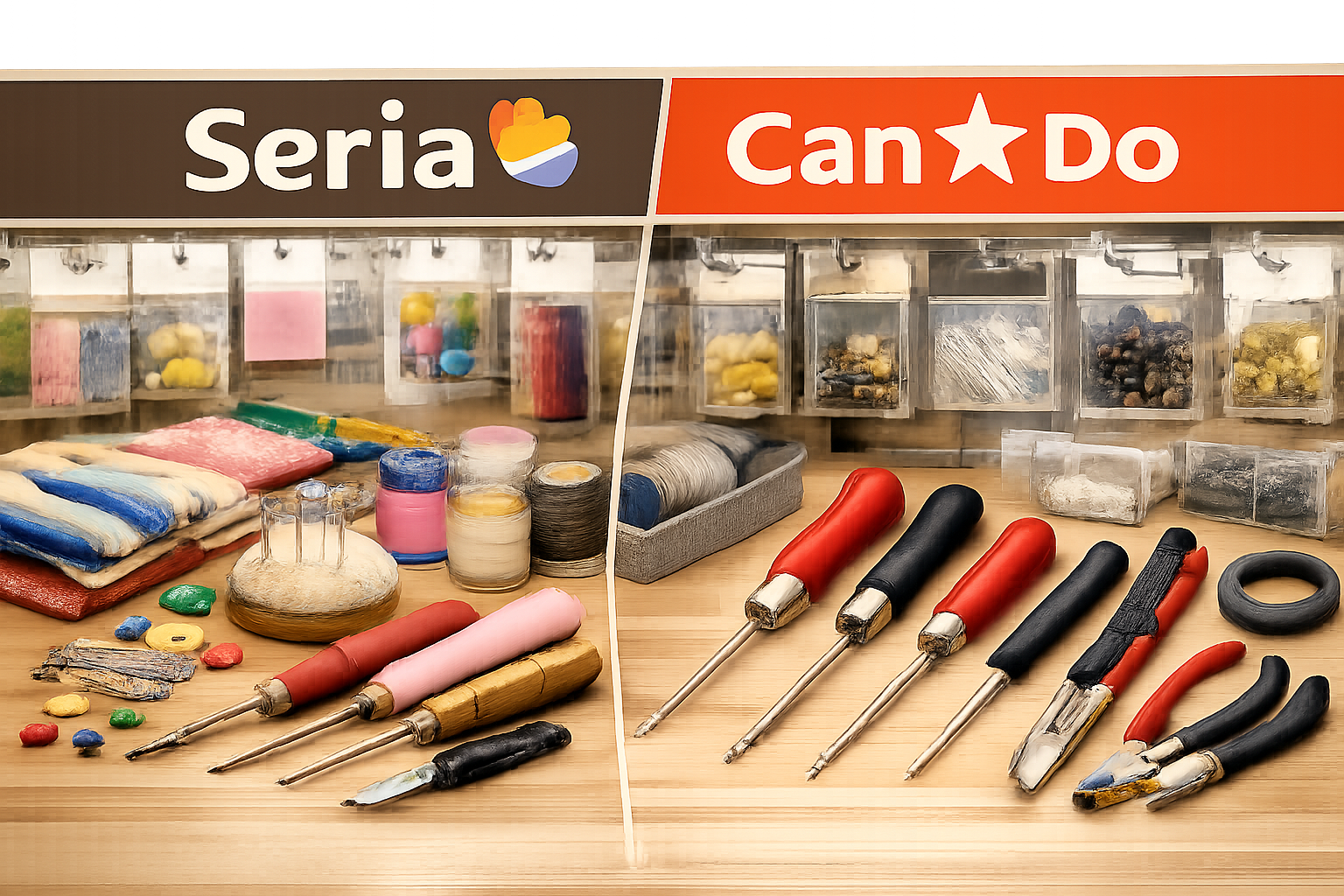 セリアとキャンドゥのロゴ、およびそれぞれの店舗で販売されている手芸用品や工具