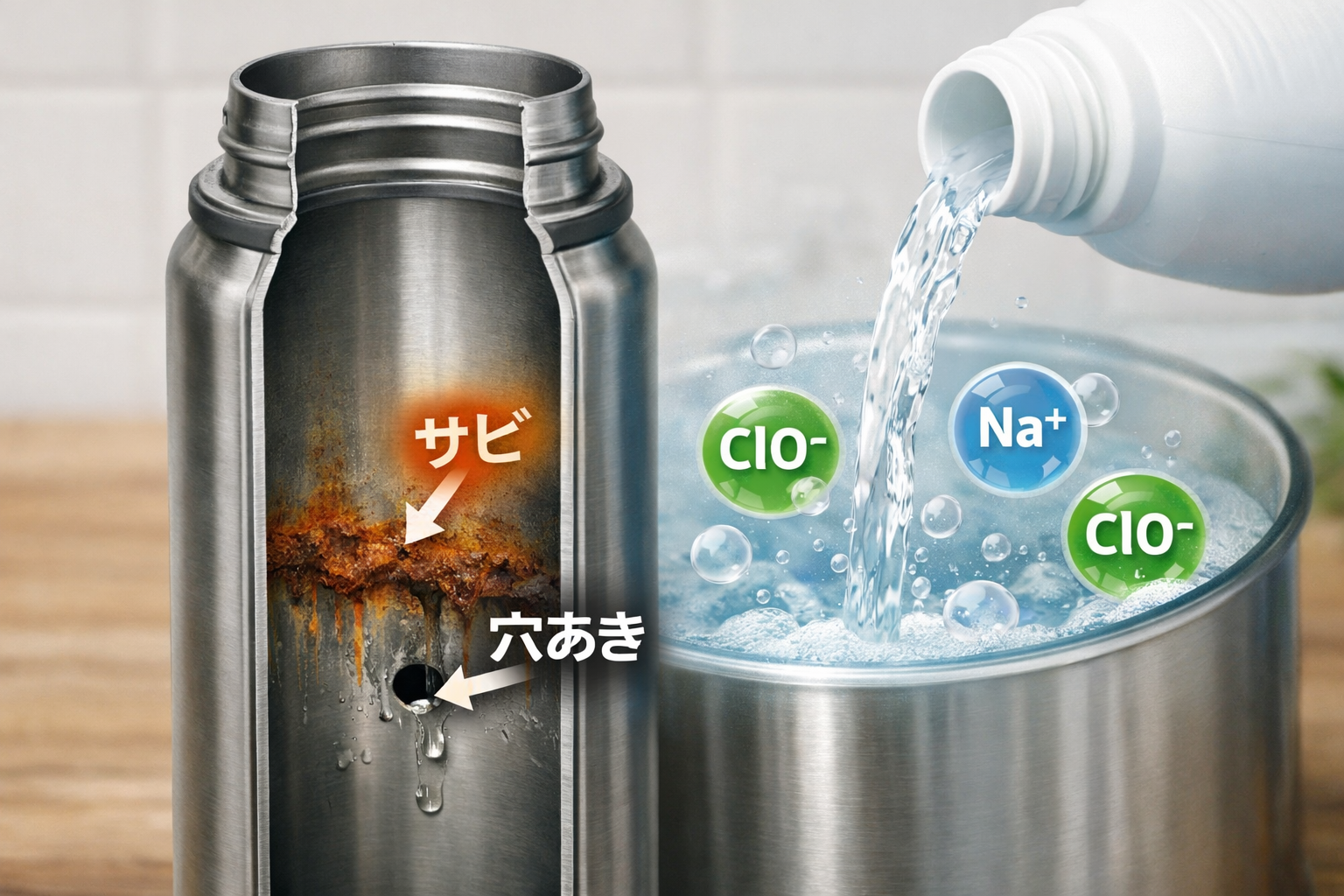 水筒の内部構造(ステンレス)と塩素系漂白剤の成分(次亜塩素酸ナトリウム)が引き起こす影響を図解で示しているイメージ