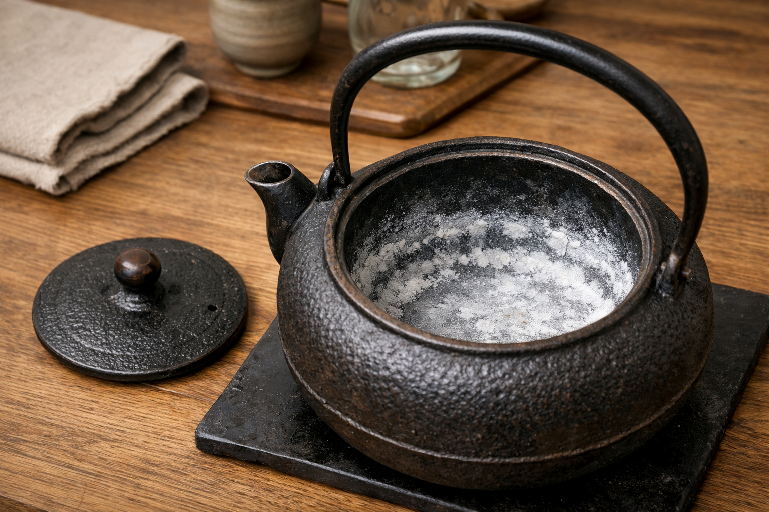 適切に使い込まれ、内部に白い湯垢がついた鉄瓶