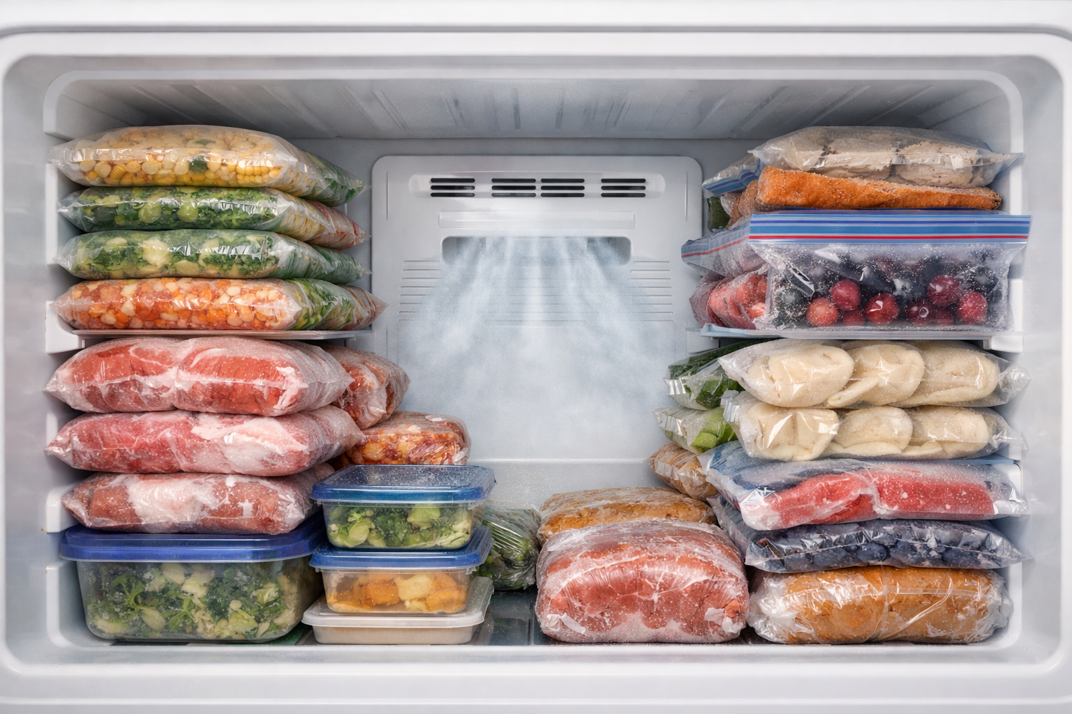 冷凍庫内に食材が8〜9割ほど詰まっているが、冷気の吹き出し口周辺には適切な隙間が確保されている図解