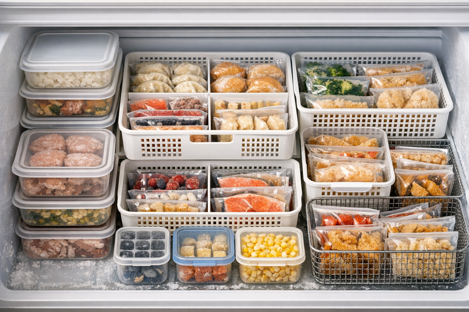 整理整頓された冷凍庫内と、ダイソーやセリアの100均収納アイテム(タッパー、仕切り、カゴ)が美しく並んでいる様子