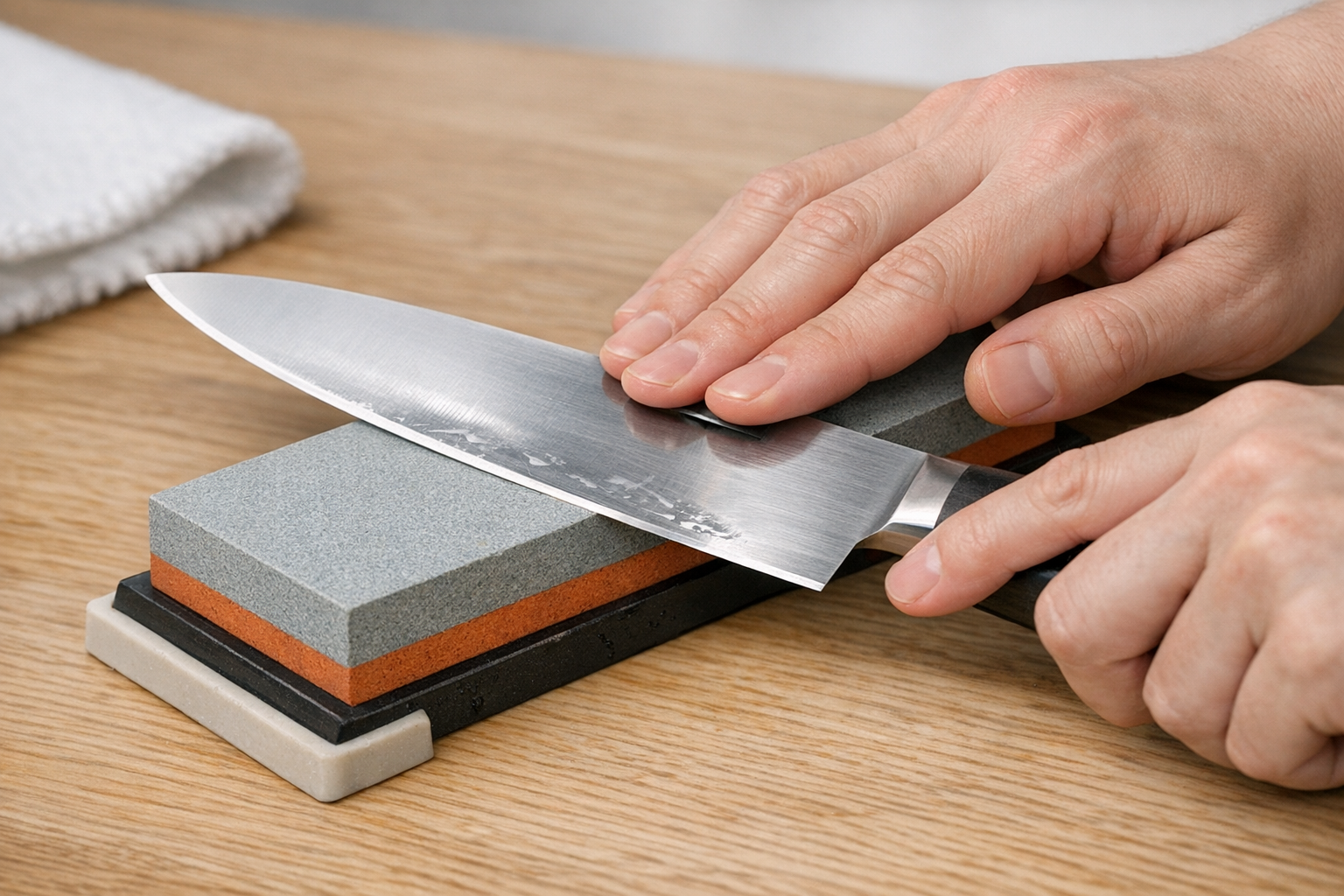 ステンレス包丁を砥石にあてて研いでいる手元のクローズアップ