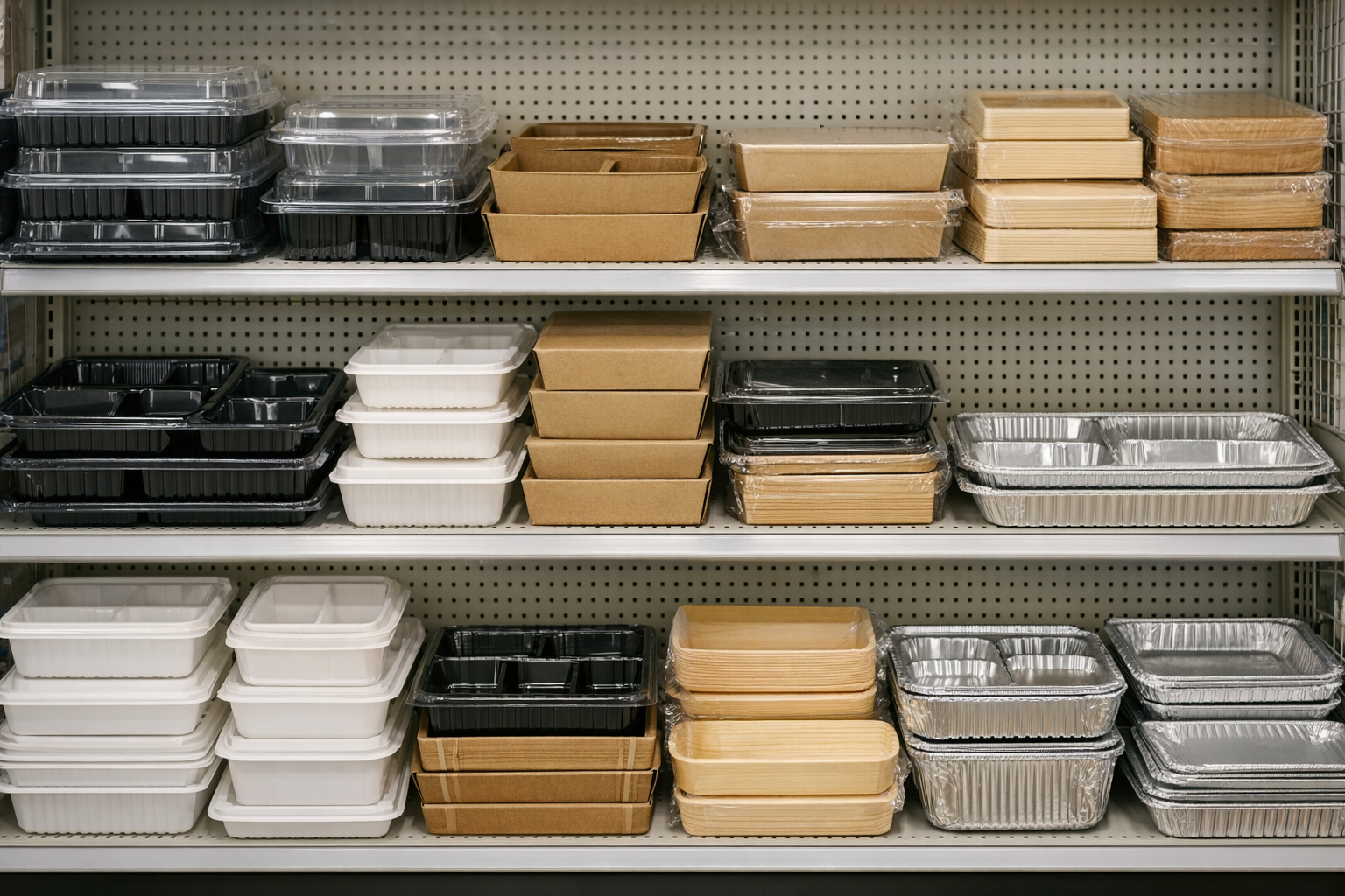 セリアで販売されている様々な材質や形状の使い捨て弁当箱が陳列されている様子