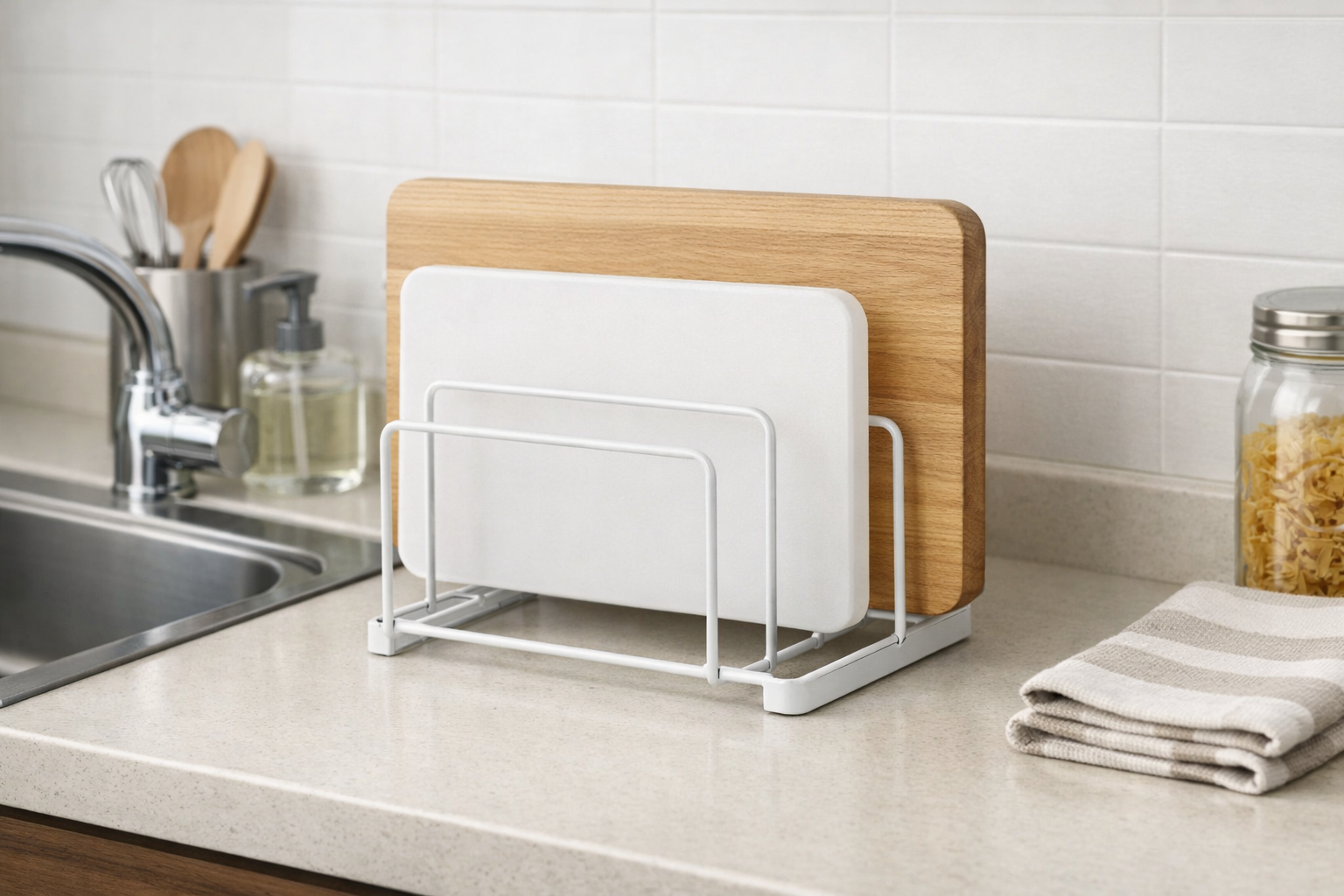 キッチンのシンク横にスッキリと置かれた清潔感のあるワイヤー製のまな板スタンド