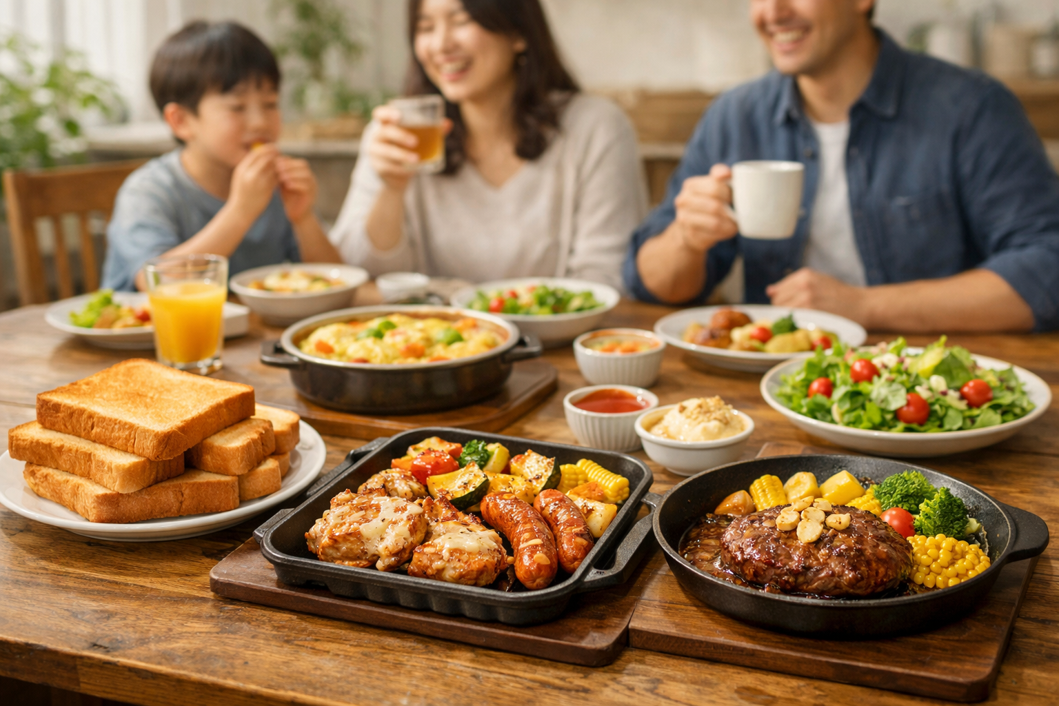 焼き上がったトーストやグリル料理が並ぶ食卓と、満足そうに食事を楽しむ家族のイメージ