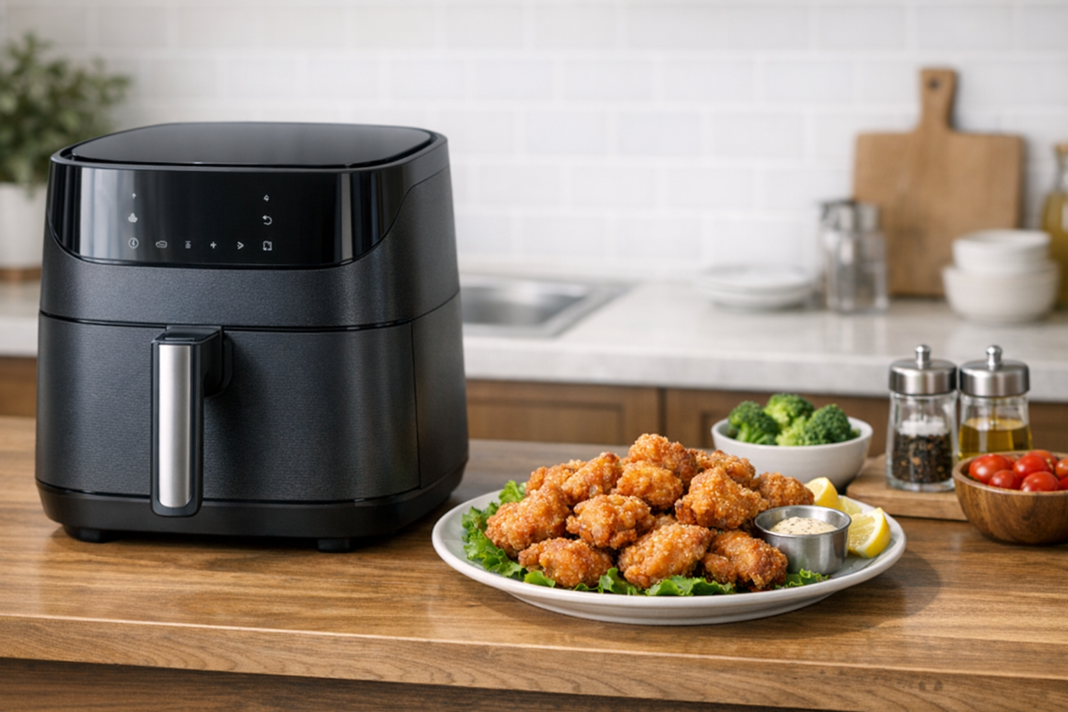 キッチンのカウンターに置かれたスタイリッシュなノンフライヤーと、調理された美味しそうな唐揚げのイメージ