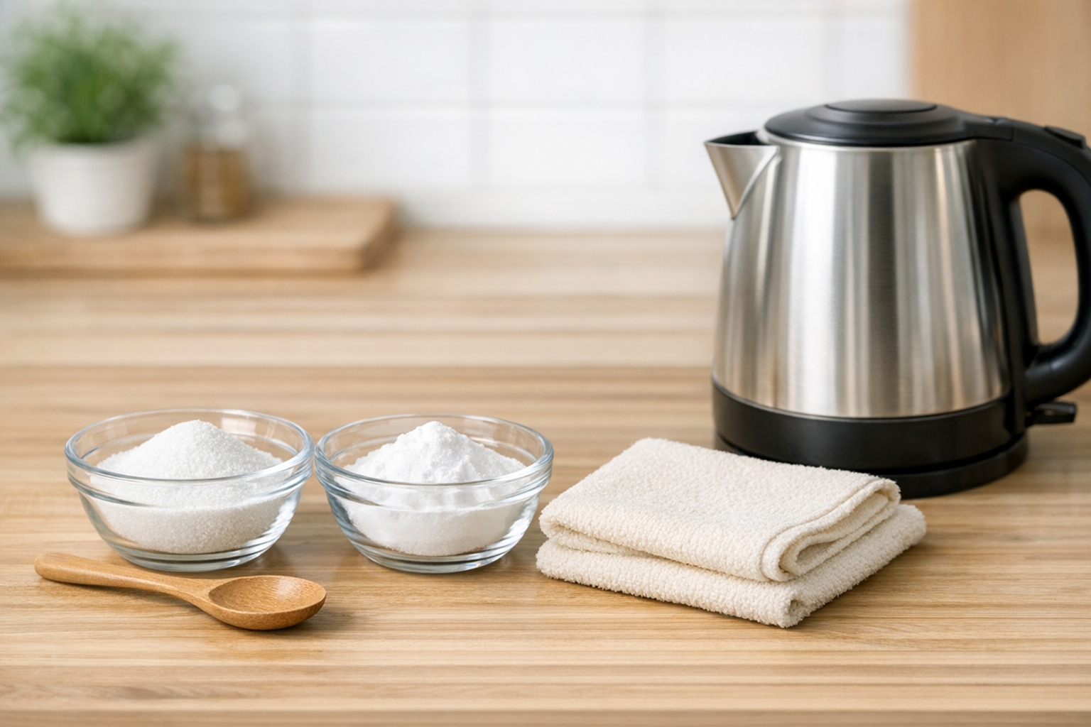 クエン酸の粉末、重曹、ふきんなど、電気ケトルの掃除に使うアイテムを並べた様子