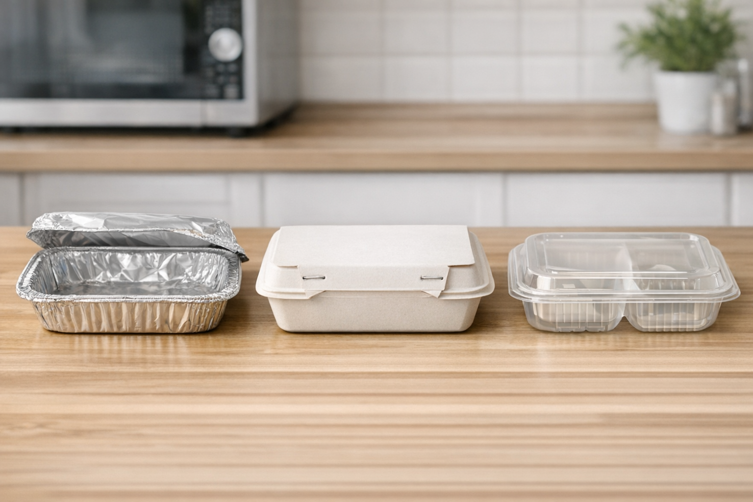 セリア、ダイソー、無印良品の使い捨て弁当箱を並べて比較している画像