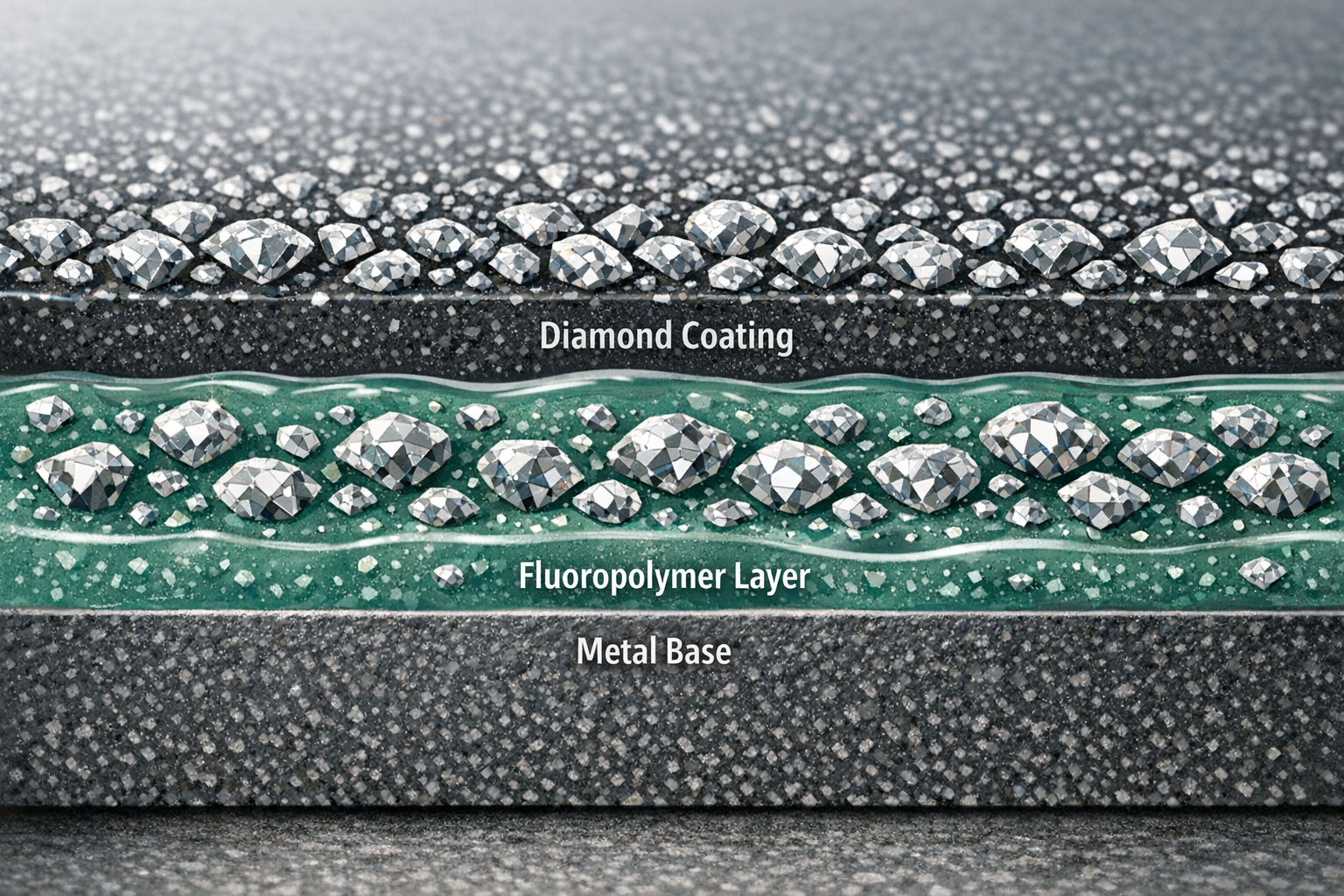 ダイヤモンドコーティングの層構造を図解し、硬い粒子がフッ素樹脂の中に練り込まれている様子を示したイラスト