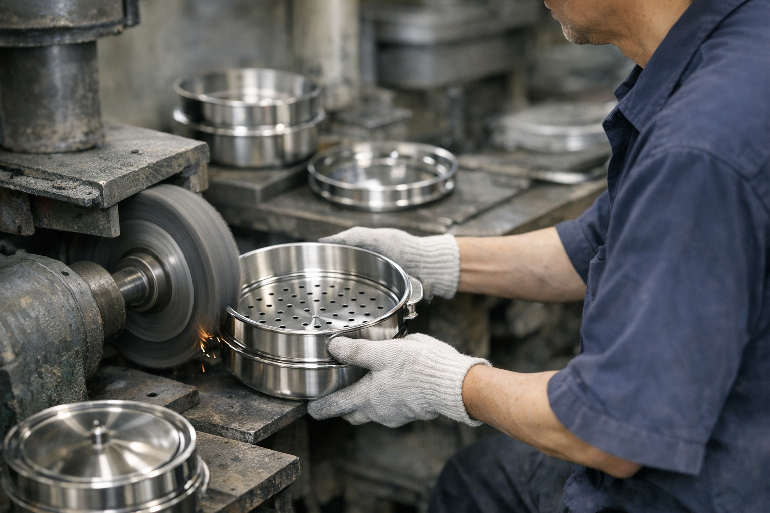 新潟県燕三条地域の工場で、職人がステンレス製品を磨き上げている製造風景