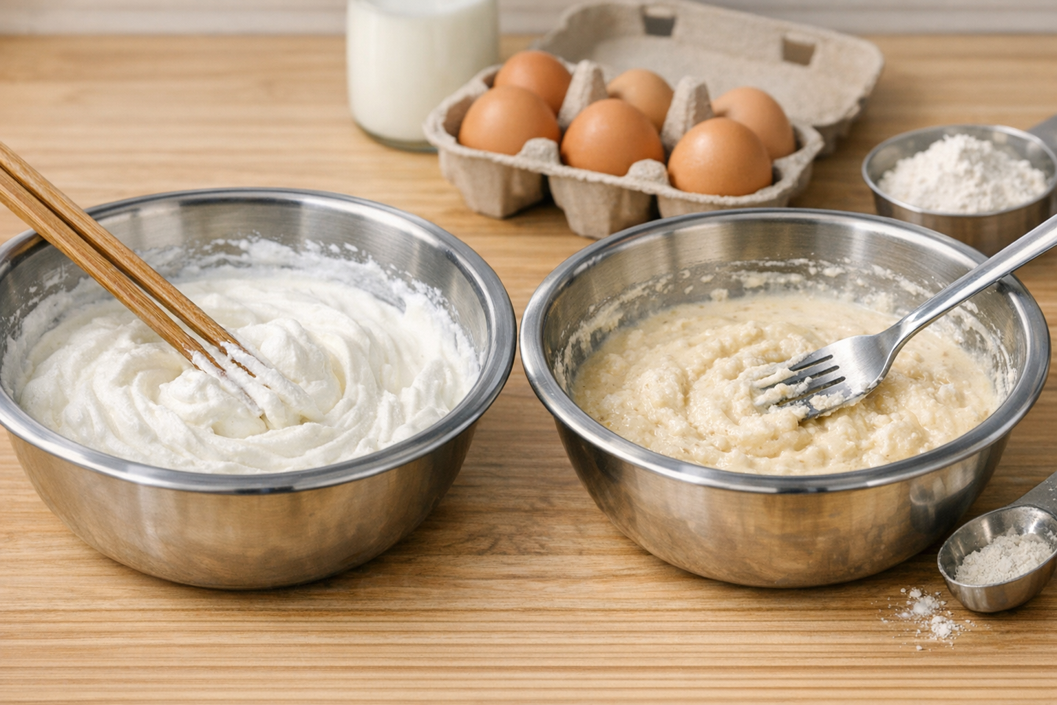 泡立て器の代用として身近なキッチンツールを活用する様子