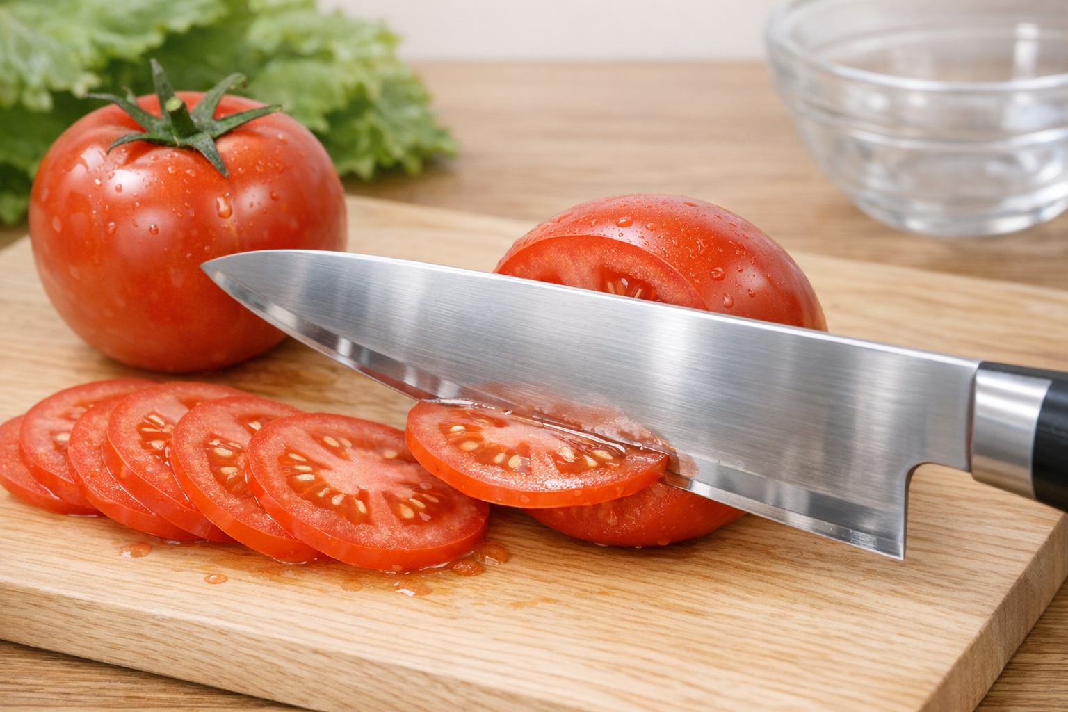 綺麗に研ぎ上がった包丁でトマトを薄くスライスしている様子