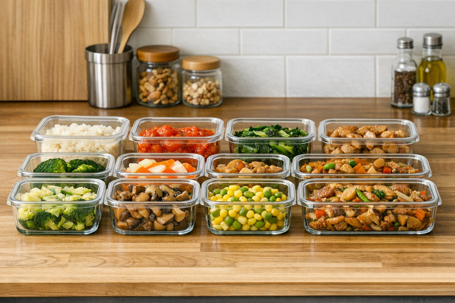 整理整頓されたキッチンでガラス容器が美しく並んでいるクロージングイメージ