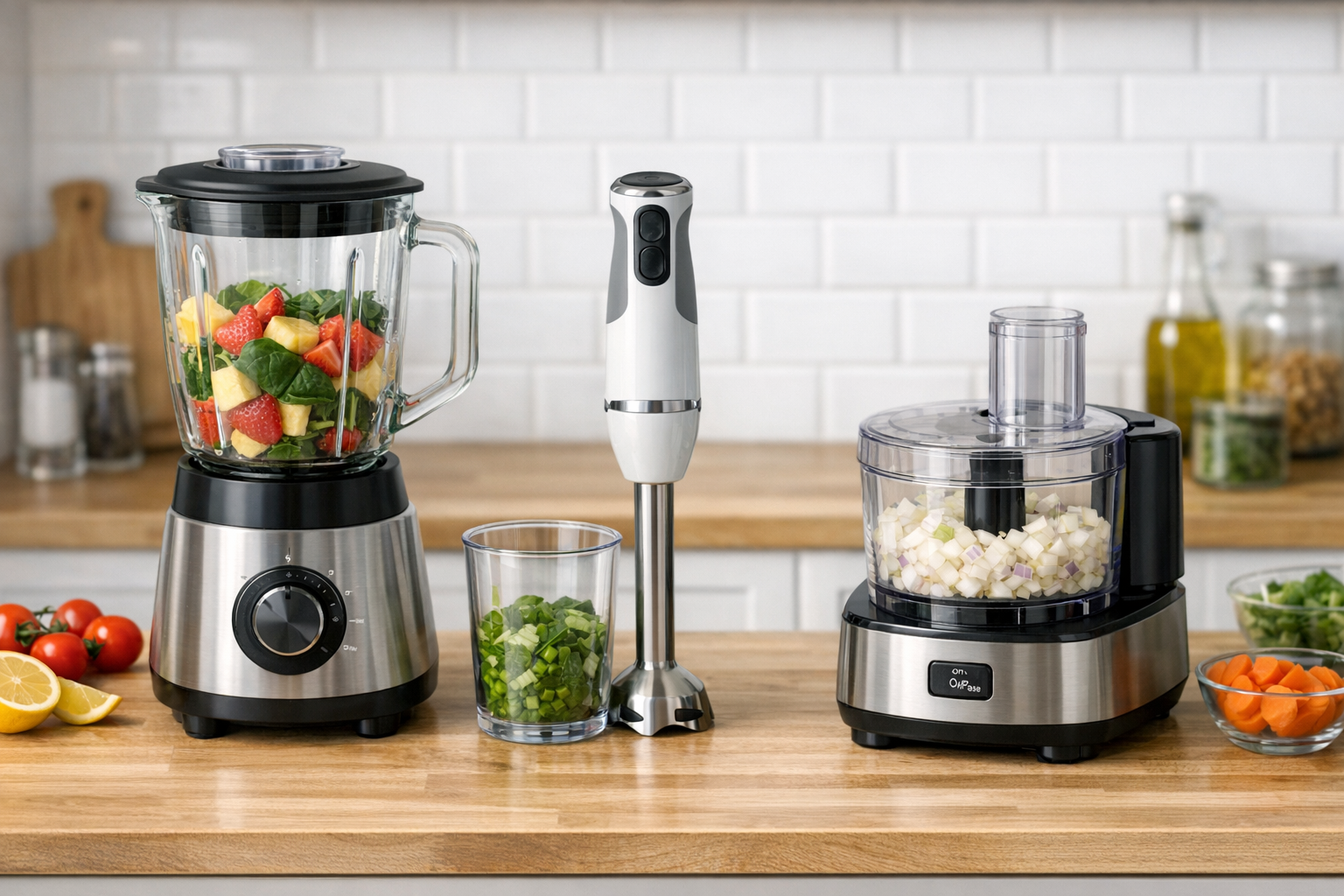 調理台に並ぶミキサー、ハンドブレンダー、フードプロセッサーのイメージ