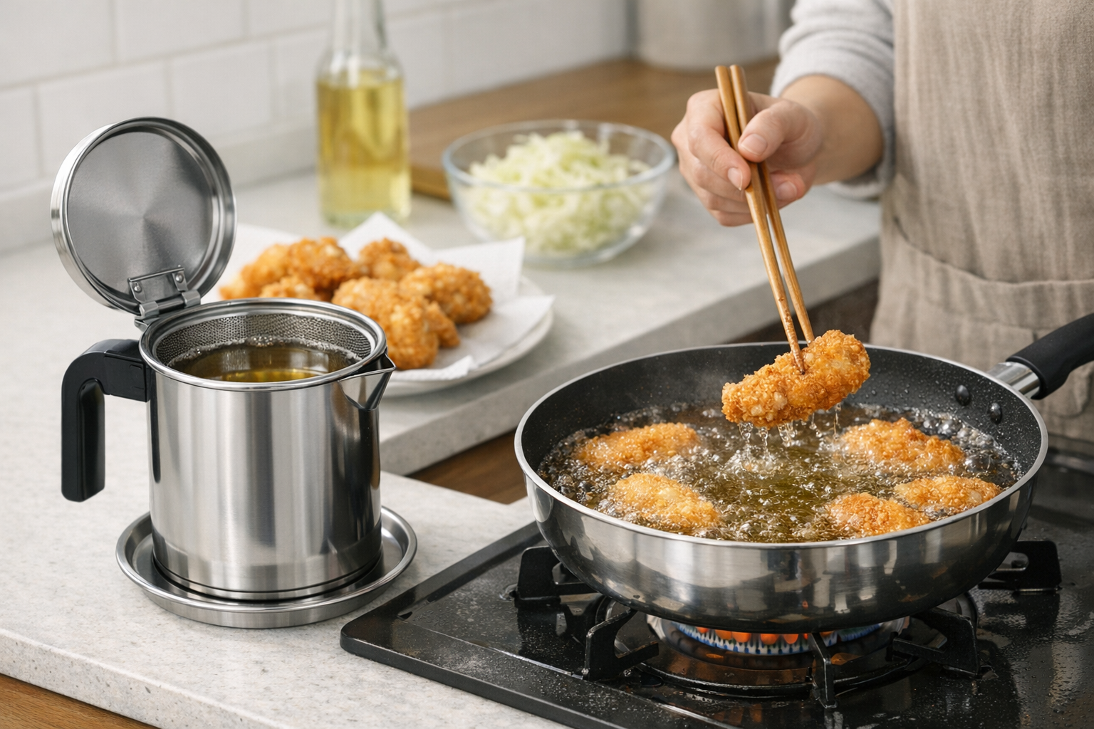 清潔なキッチンに置かれたステンレス製のオイルポットと、揚げ物をしている様子。手軽さと機能性をイメージさせる明るい写真。