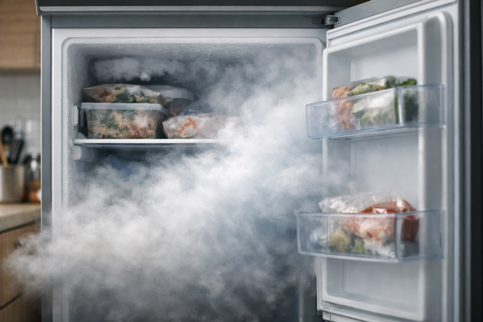 冷凍庫のドアが開いた状態で、中の冷気と外気が混ざり合う様子