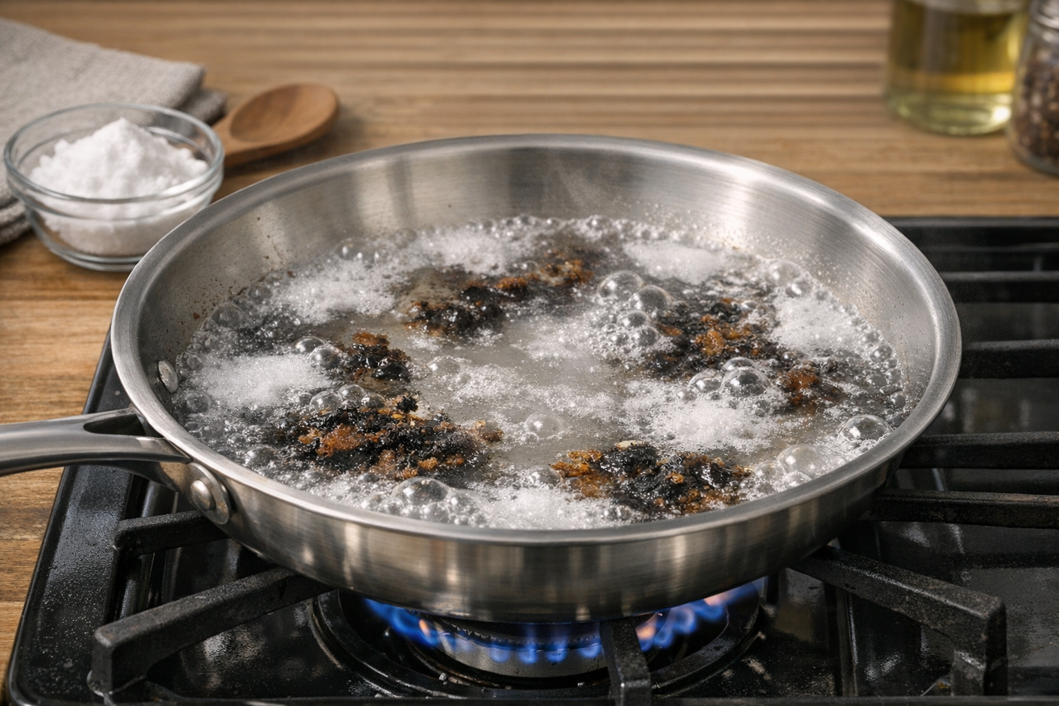 ステンレスフライパンに水と重曹を入れて火にかけ、焦げを浮かせている様子