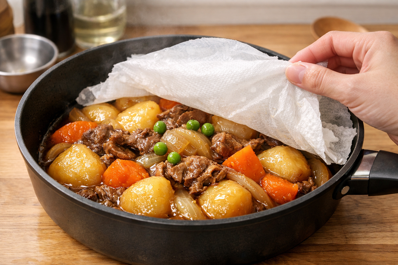 出来上がった肉じゃがからキッチンペーパーを外すと、綺麗なツヤが出ている様子