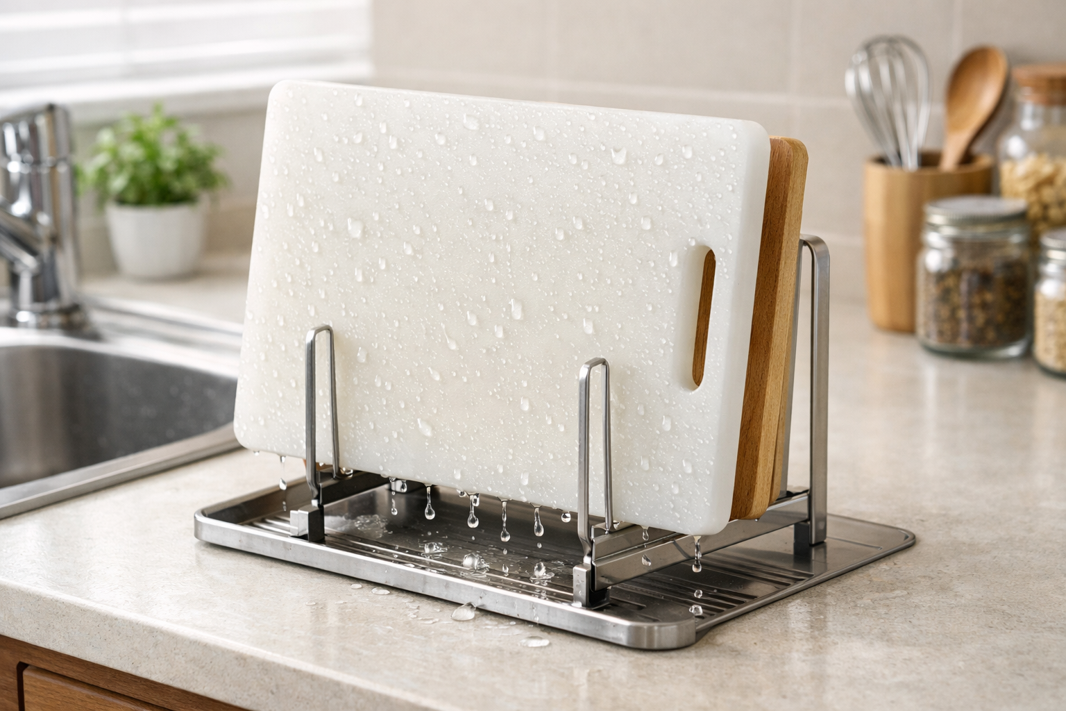洗浄直後の濡れたまな板がスタンドに立てかけられ、水滴が下に落ちて風通し良く乾燥されている衛生的なキッチンの様子