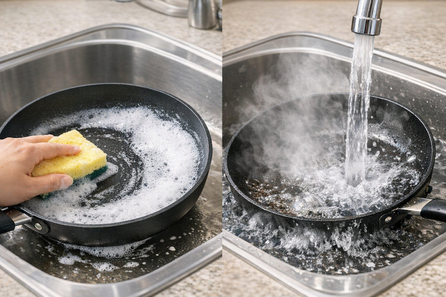 フライパンを洗う際に、柔らかいスポンジを使用している様子と、熱いまま水にジュッと浸けるNG行動を対比させたイラスト