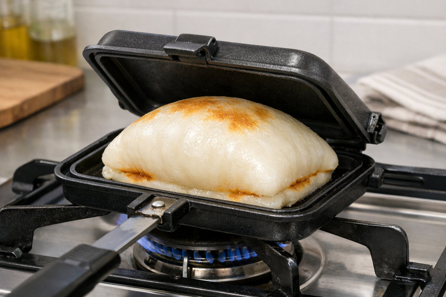 ホットサンドメーカーに挟まれたお餅が膨らんでいる様子