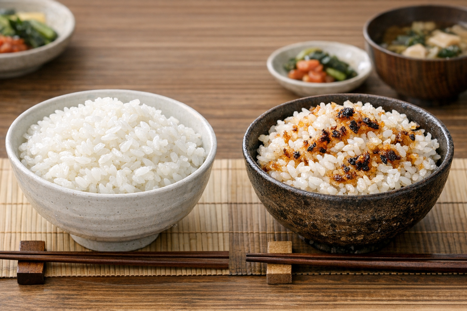 食卓に並んだ「ツヤのあるご飯」と「おこげのあるご飯」の比較写真