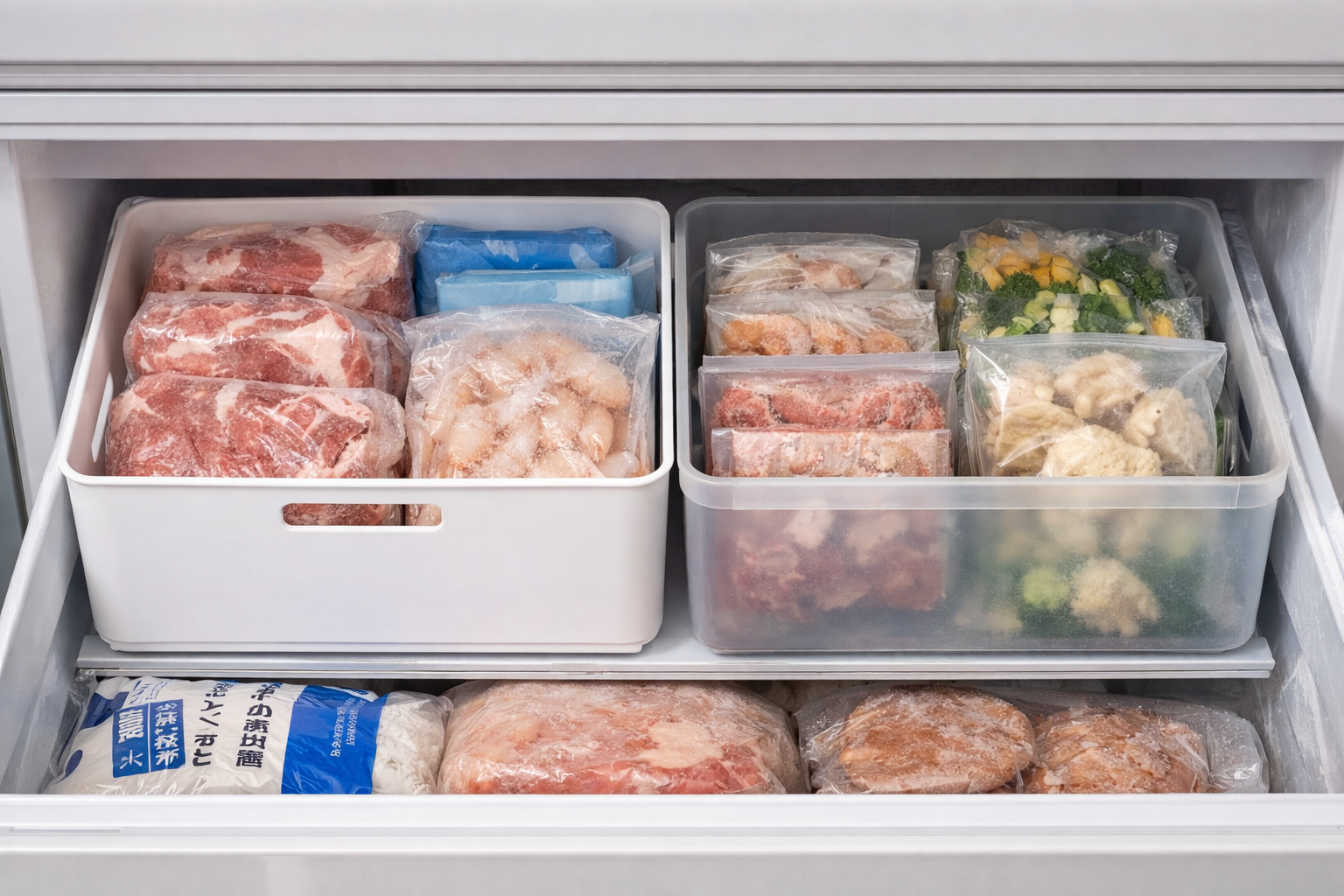 ニトリの「Nインボックス」や「整理ボックス クラネ」が冷凍庫の下段に配置され、重い食材をしっかりと支えている様子