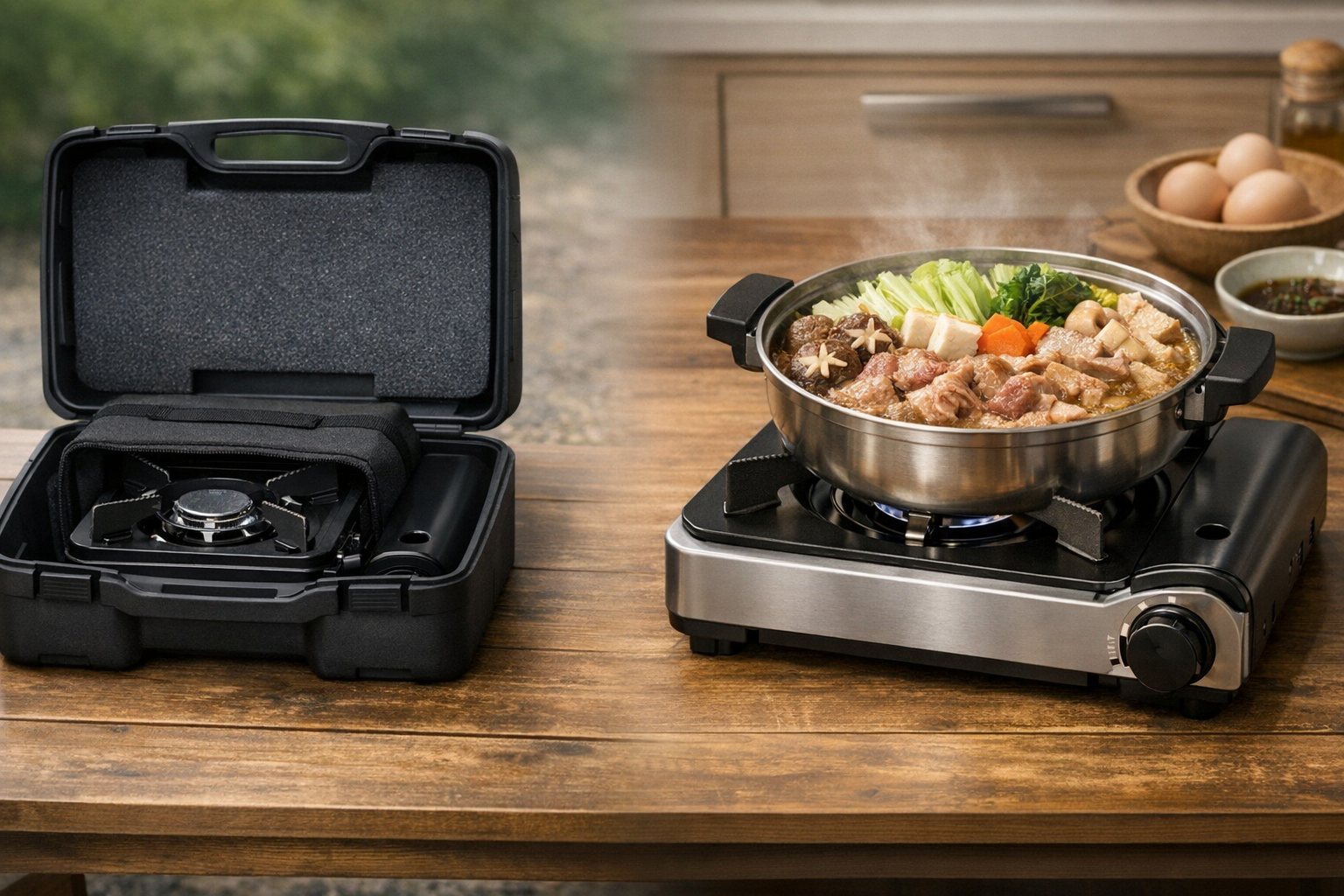 まとめ：収納ケースに入った「タフまるJr.」と、美味しそうな鍋料理が載った「風まるIII」の対比イメージ