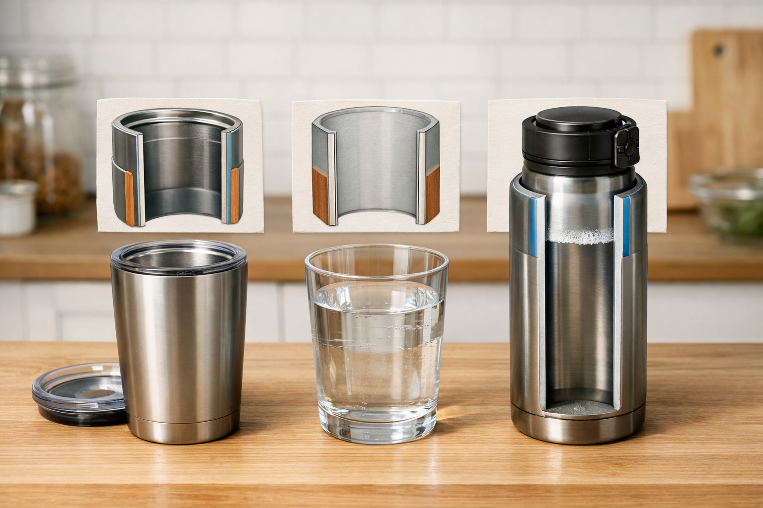 タンブラー、ガラスのグラス、密閉できるステンレス水筒が並んでおり、それぞれの構造の違いを比較している様子